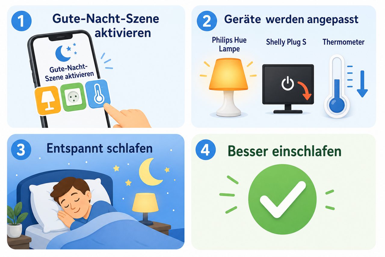 Ablauf-Diagramm der smarten Abend-Routine: App aktivieren → Geräte reagieren → besser einschlafen