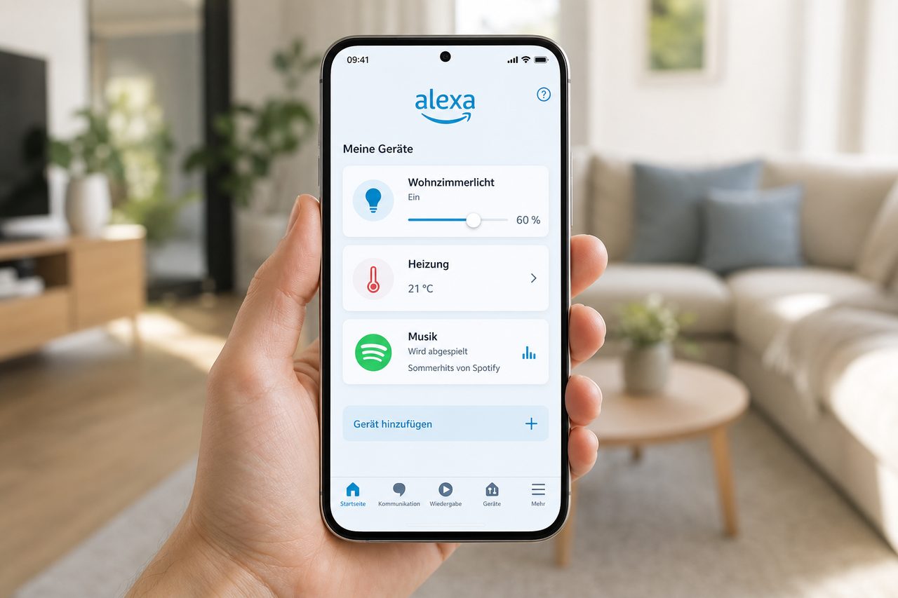 Alexa-App auf dem Smartphone zeigt die deutsche Gerätesteuerung für Wohnzimmerlicht, Heizung und Musik