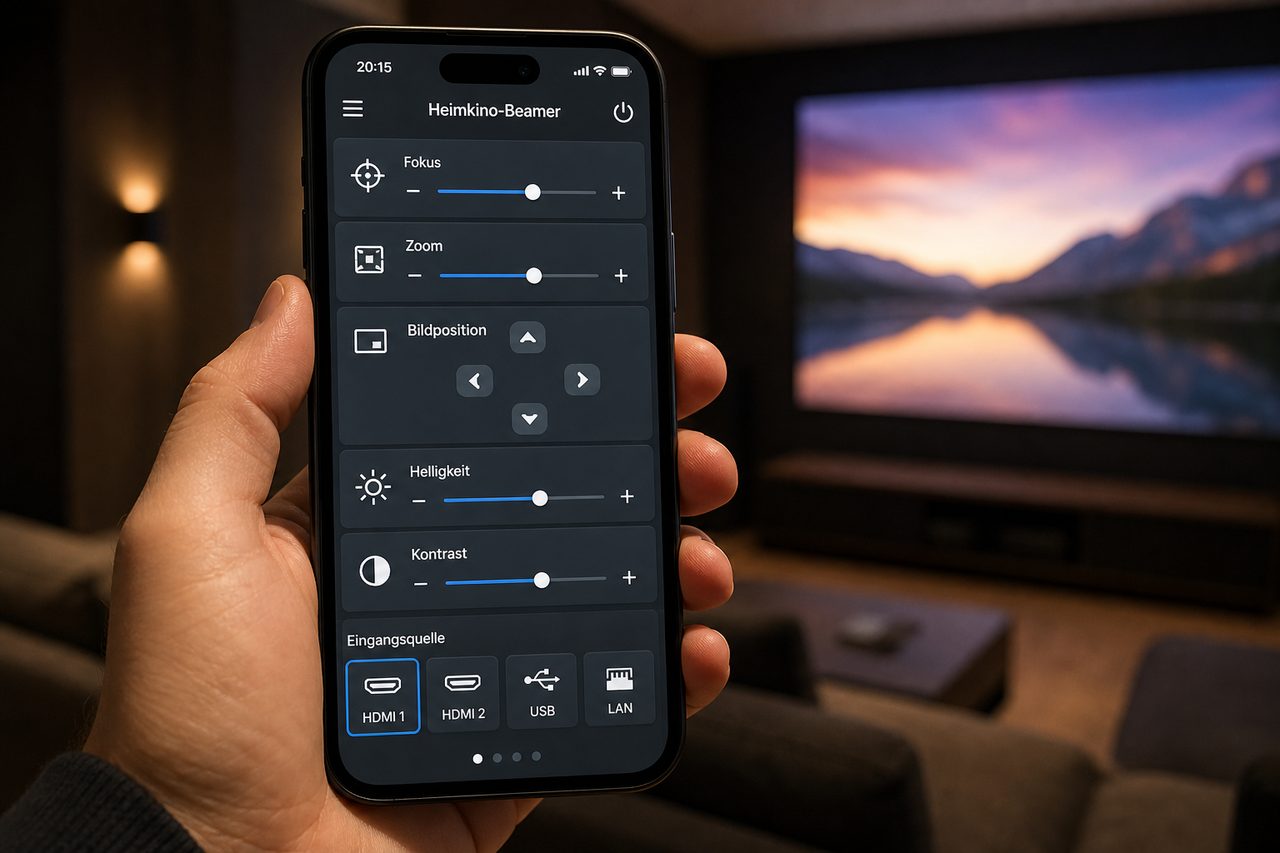 Beamer-Steuerungs-App auf dem Smartphone mit Fokus-, Zoom- und Helligkeits-Reglern für das Heimkino