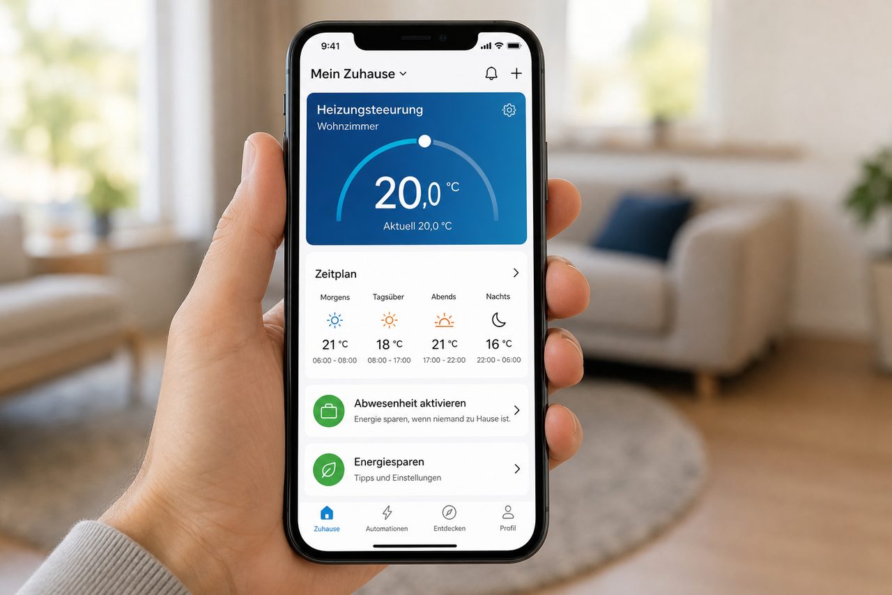 Bosch Smart Home App auf Smartphone zeigt Heizungs-Zeitplan und Energiesparen-Funktionen mit deutschen Texten