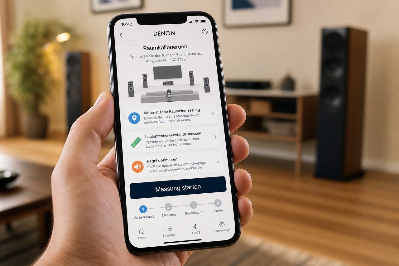 Denon AVR-App zeigt die automatische Raumkalibrierung Audyssey mit deutschem Interface zum Optimieren der Lautsprecher