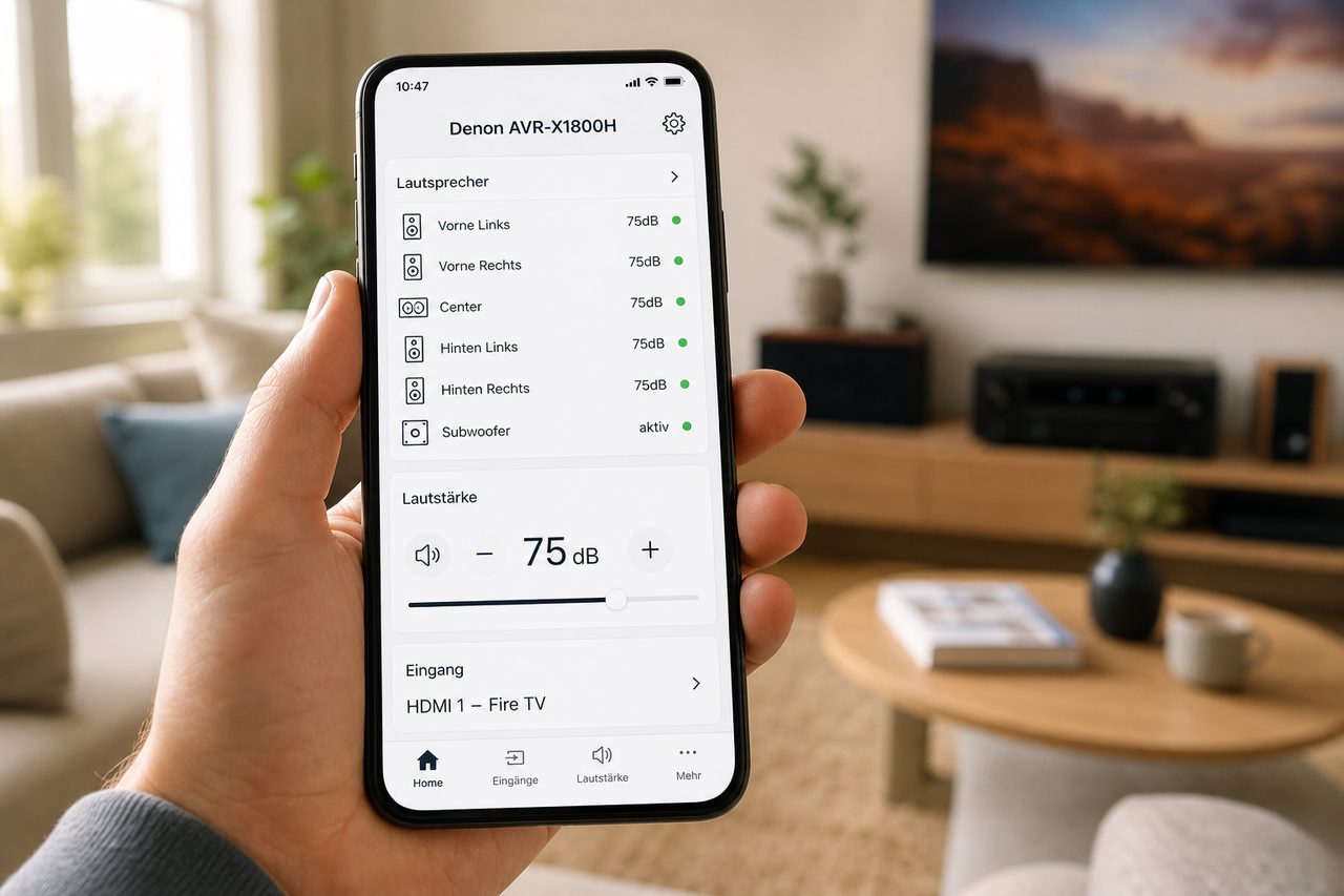 Denon AVR Remote-App auf dem Smartphone zeigt die Lautsprecher-Übersicht und Lautstärkeregler für das 5.1-System