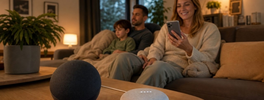 Alexa oder Google Home? Der ehrliche Vergleich für Einsteiger – Echo Dot und Google Nest Mini nebeneinander auf einem Wohnzimmertisch in einem gemütlichen, hell beleuchteten Wohnzimmer