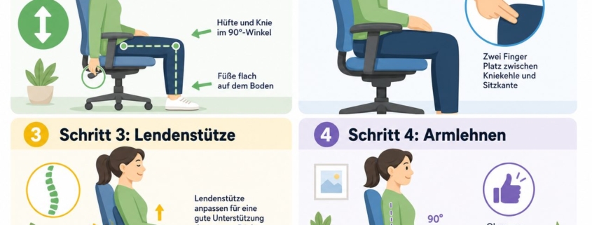 Bürostuhl einstellen: So sitzt du wirklich richtig – Einfache 4-Schritt-Anleitung zur korrekten Bürostuhl-Einstellung: Sitzhöhe, Sitztiefe, Lendenstütze und Armlehnen