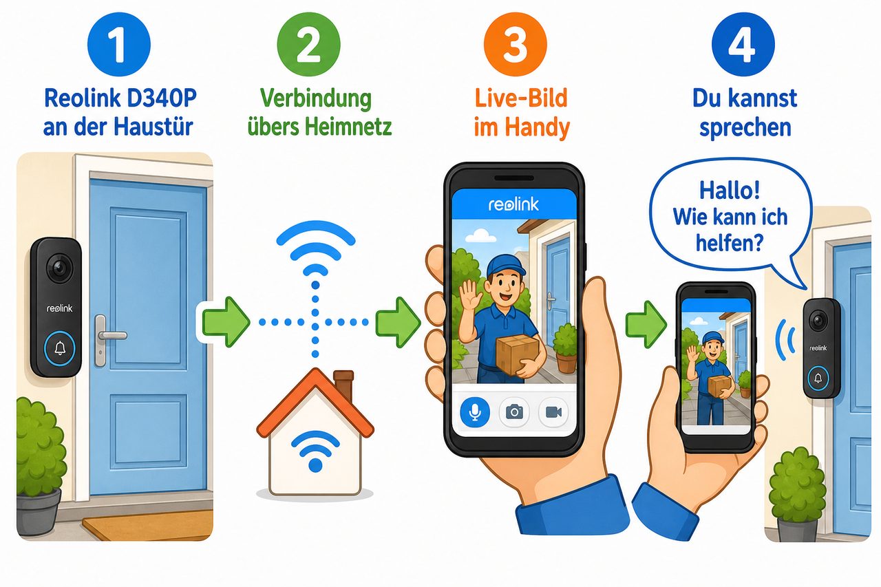 Einfache Schritt-für-Schritt Illustration: Smarte Türklingel → Heimnetz-Verbindung → Live-Bild auf dem Smartphone → Zwei-Wege-Kommunikation