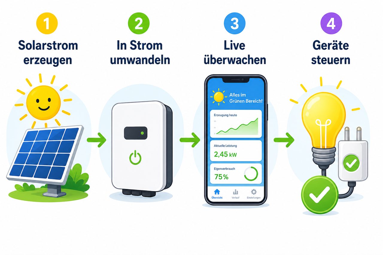 Einfaches Schritt-für-Schritt-Diagramm: Solarmodul → Wechselrichter → App-Überwachung → Gerätesteuerung