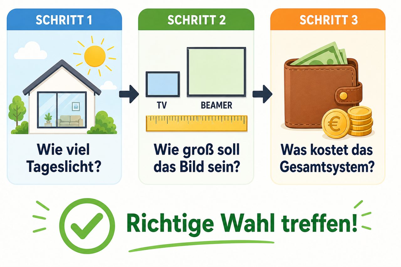 Entscheidungs-Diagramm für TV oder Beamer: Tageslicht, Bildgröße, Kosten in 3 Schritten