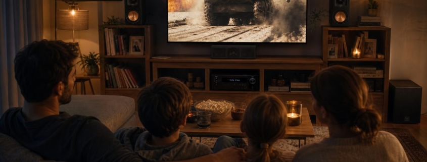 Guten Heimkino-Sound ohne Elektriker einrichten – Familie genießt 5.1-Surround-Sound im Wohnzimmer: Klipsch-Lautsprecher auf Regalen, Denon Receiver unter dem TV, Subwoofer in der Ecke, kein sichtbares Kabelgewirr