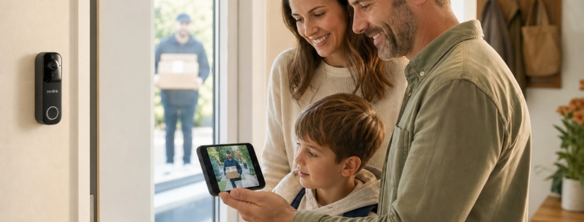 Zuhause sicher: Smarte Türklingel & Kamera einfach einrichten – Familie im Flur mit Smartphone kontrolliert smarte Türklingel mit Kamera – Paketbote vor der Haustür live sichtbar