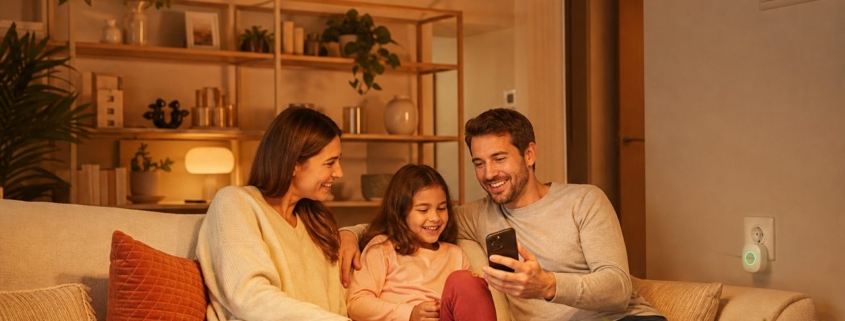 Smart Home Einsteiger-Setup: So vernetzt du dein Zuhause Schritt für Schritt – Familie im Wohnzimmer steuert smarte Philips Hue Lampen mit dem Smartphone