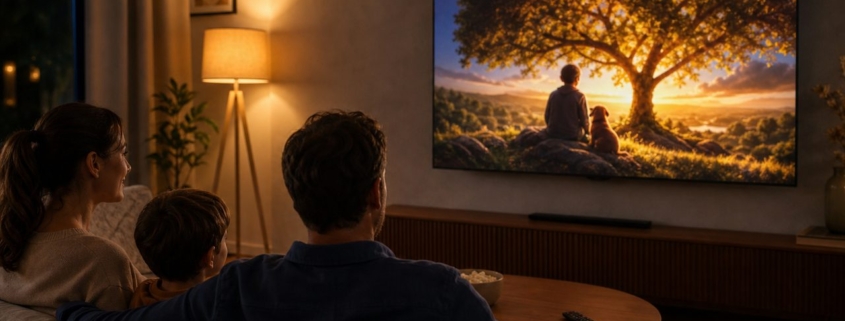 Beamer oder TV: Was lohnt sich fürs Heimkino? – Familie sitzt auf der Couch vor großem OLED-TV im gedimmten Wohnzimmer und schaut einen Film