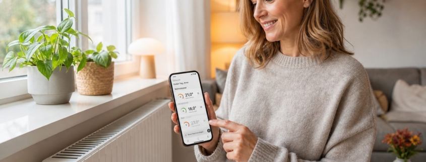 Heizung smart steuern: So sparst du Heizkosten per App – Frau steuert smarte Heizung per App auf dem Smartphone im Wohnzimmer, moderner Heizkörperthermostat sichtbar