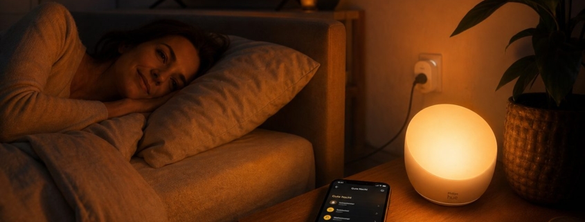 Abend-Routine automatisieren: Besser einschlafen – Gemütliches Schlafzimmer mit Philips Hue Lampe in warmweißem Licht, Smartphone zeigt Gute-Nacht-Szene