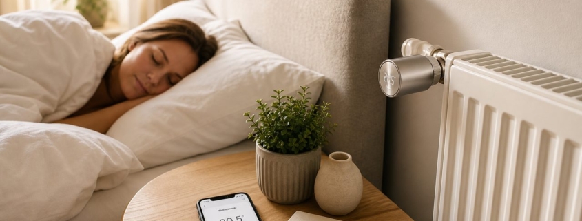Schlafzimmer Temperatur automatisch regeln – Gemütliches Schlafzimmer mit smarten Heizkörperthermostat am Heizkörper und Smartphone-App zur Temperatursteuerung auf dem Nachttisch