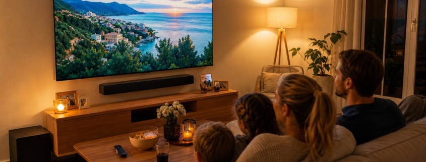 Heimkino-Setup für Einsteiger: Beamer oder TV, Sound und Streaming richtig kombinieren – Gemütliches Wohnzimmer mit 65-Zoll-TV, Soundbar und Subwoofer – perfektes Heimkino-Setup für Einsteiger