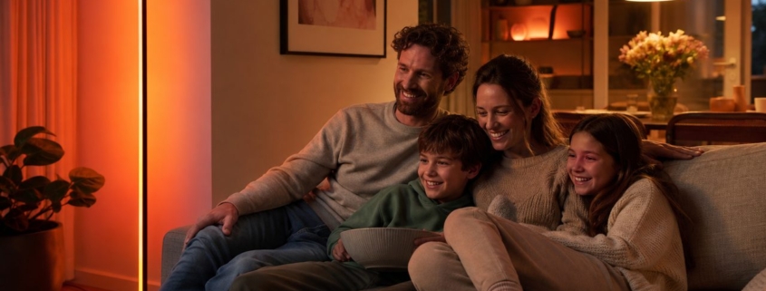 Smarte Beleuchtung: Licht per App & Sprache steuern – Gemütliches Wohnzimmer mit Philips Hue Stehleuchte in Farbverlauf und Smartphone mit Hue-App auf dem Couchtisch