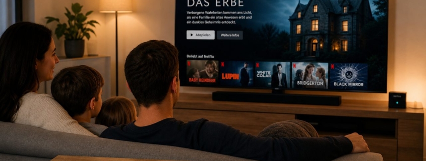 Alles per Fernbedienung steuern: So geht Heimkino einfach – Gemütliches Wohnzimmer mit TV, Soundbar und Streaming-Stick, gesteuert durch eine einzige Fernbedienung auf dem Couchtisch