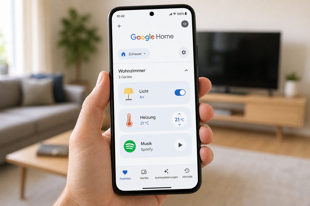Google Home-App auf dem Smartphone zeigt die deutsche Gerätesteuerung für Wohnzimmerlicht, Heizung und Musik