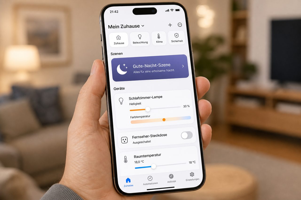 Google Home oder Apple Home App zeigt Gute-Nacht-Szene mit Licht-, Steckdosen- und Temperatur-Reglern