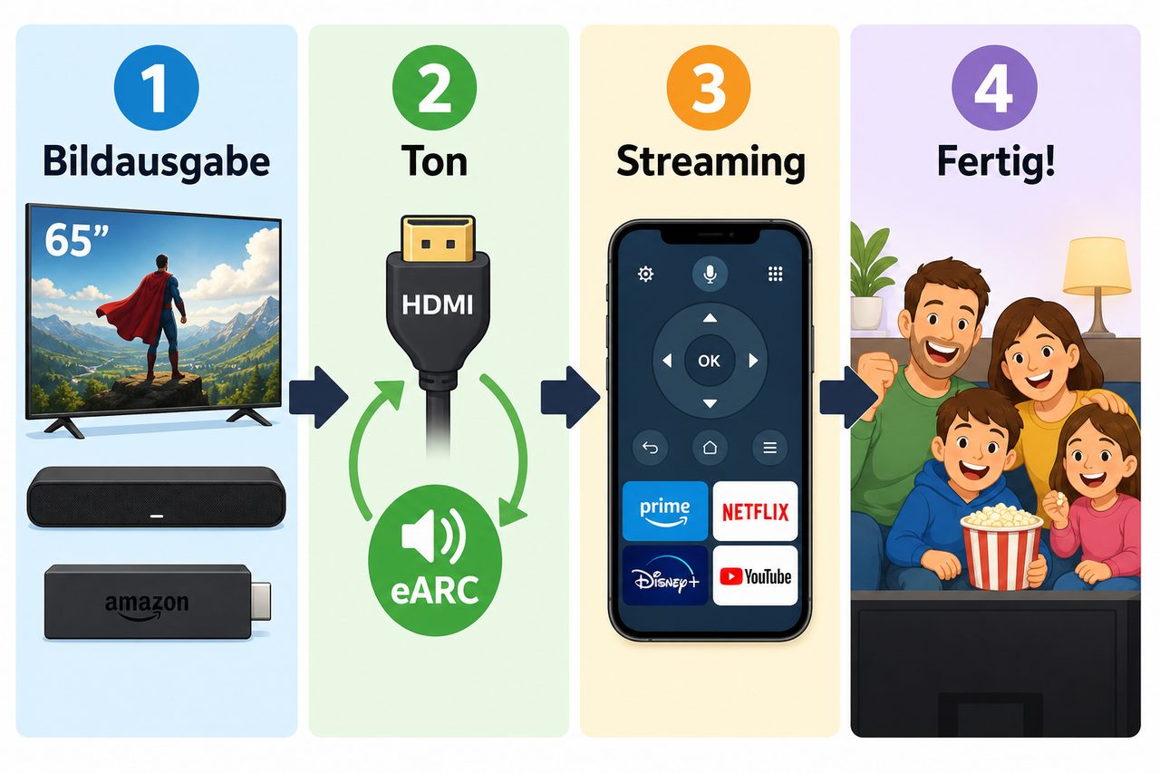 Heimkino-Setup-Anleitung: TV, Soundbar, Fire Stick und HDMI-Verbindung in 4 einfachen Schritten