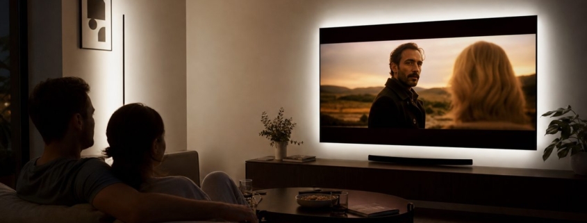 Heimkino-Licht richtig einstellen für Film-Atmosphäre – Heimkino-Setup im Wohnzimmer: LED-Streifen hinter dem TV und Stehleuchte erzeugen Film-Atmosphäre ohne Augenbelastung