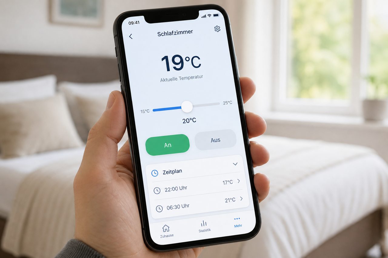 Hersteller-App auf dem Smartphone zeigt Schlafzimmer-Temperaturregelung mit Zeitplan und Temperatur-Schieber