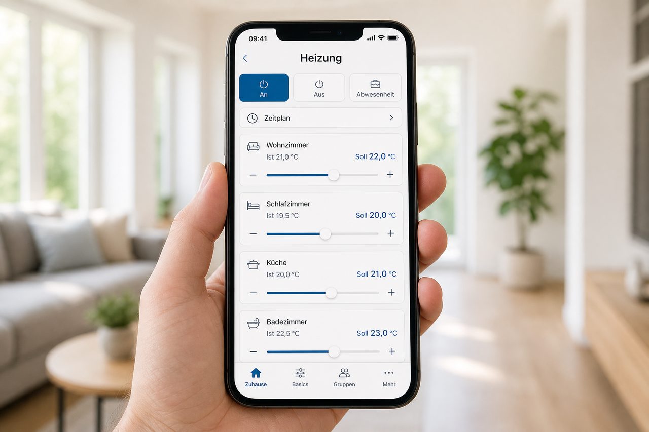 Homematic IP Heizungs-App auf Smartphone zeigt Temperatursteuerung für mehrere Räume mit deutschen Beschriftungen