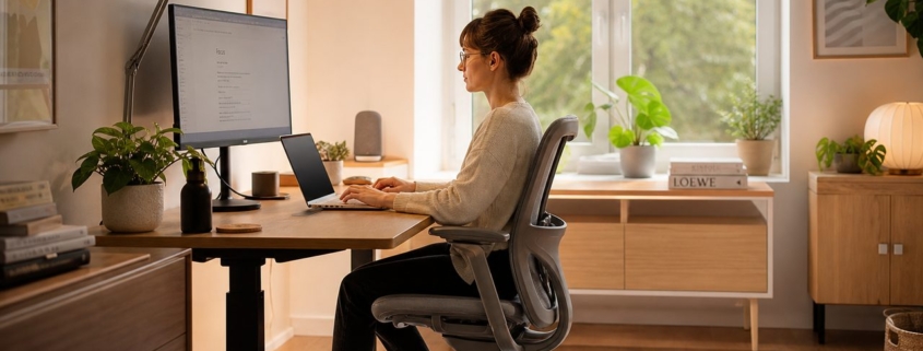 Das perfekte Home-Office-Setup für 8 Stunden konzentriertes Arbeiten – Ergonomisches Home-Office-Setup mit höhenverstellbarem Schreibtisch, ergonomischem Stuhl und optimaler Monitorposition für konzentriertes Arbeiten
