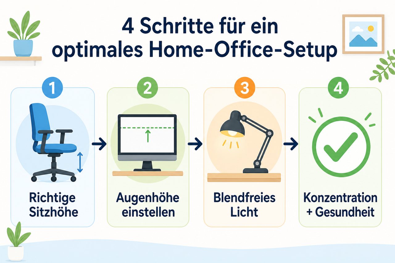 Infografik: 4-Schritte-Anleitung zur Optimierung des Home-Office-Setups — Stuhl, Monitor, Beleuchtung, Konzentration
