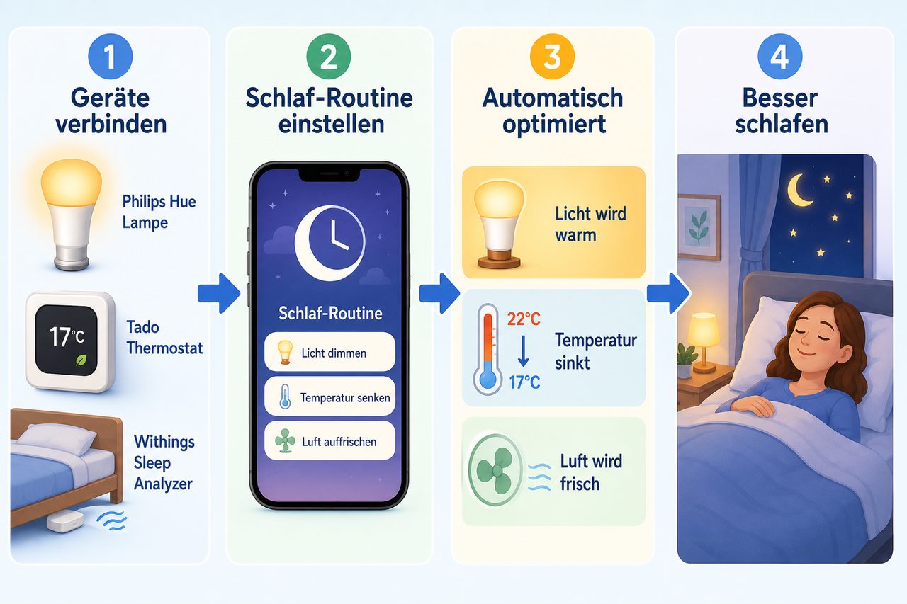 Infografik zeigt vier Schritte zum besseren Schlafen: Geräte verbinden, App einstellen, automatische Optimierung, besserer Schlaf