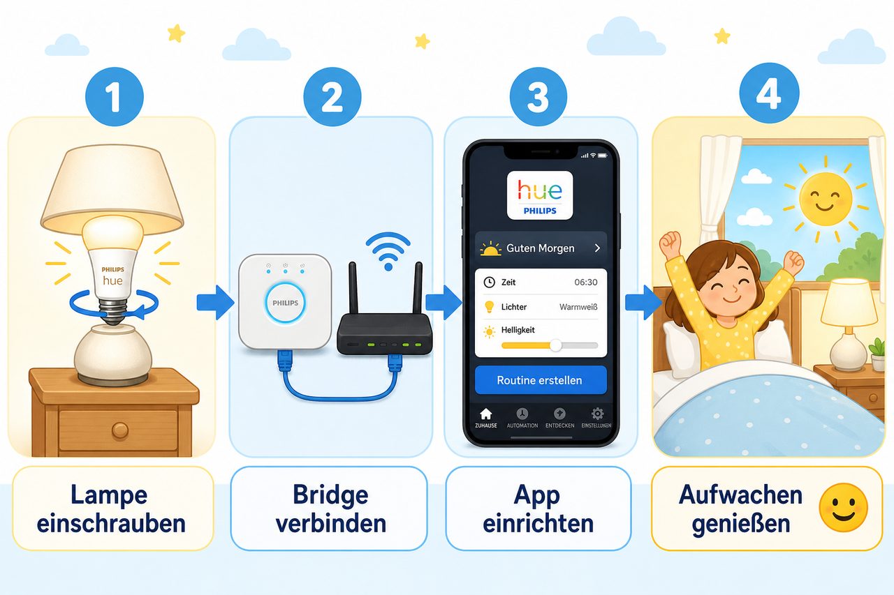 Lichtwecker-Setup in 4 Schritten: Lampe einschrauben, Bridge verbinden, App einrichten, sanft aufwachen