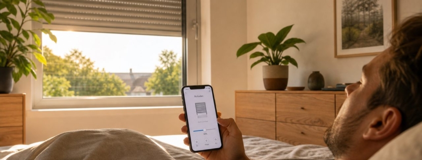 Schlafzimmer abdunkeln: Smarte Rolläden nachrüsten – Mann im Bett steuert smarten Rolladen per Smartphone-App – Schlafzimmer öffnet sich automatisch am Morgen