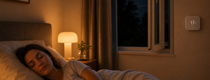 Schlafsystem optimieren: Matratze, Klima, Licht und Routine als Gesamtlösung – Modernes Schlafzimmer mit warmem Licht von der Philips Hue Lampe, smartem Thermostat an der Wand und entspannter Person im Bett