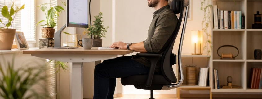 Ergonomie-Setup für zuhause: Schreibtisch, Stuhl, Monitor richtig kombinieren – Optimiertes Ergonomie-Setup im Homeoffice: Person sitzt mit korrekter Körperhaltung am Schreibtisch mit Monitor auf Augenhöhe