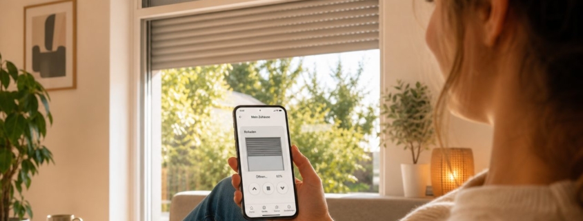 Rolläden automatisch steuern: Nachrüsten ohne Elektriker – Person steuert automatisierte Rolläden per Smartphone-App vom Sofa aus – Shelly 2PM Gen3 im Rollladenkasten
