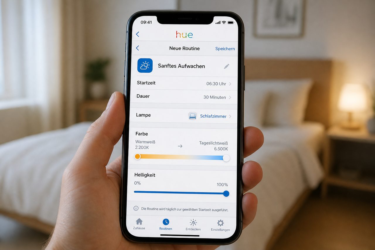 Philips-Hue-App auf dem Smartphone: Lichtwecker-Routine 'Sanftes Aufwachen' mit Zeitplan und Farbverlauf konfiguriert