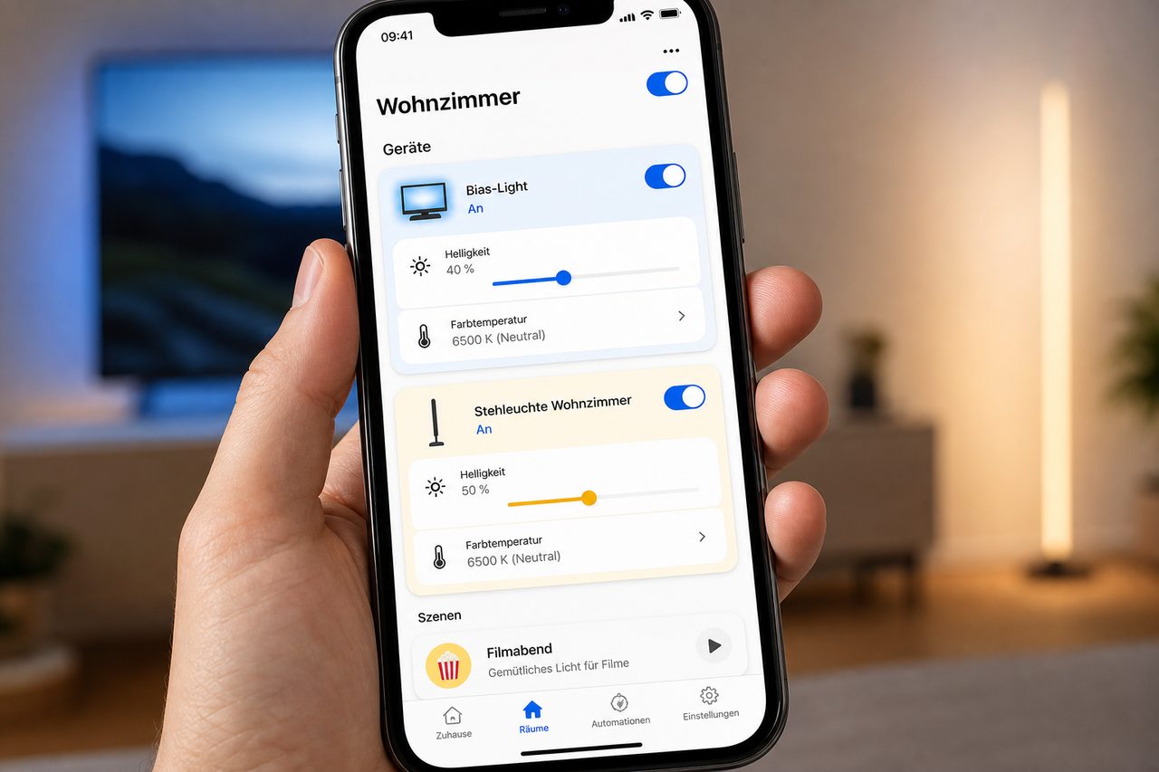 Philips Hue App auf dem Smartphone: Steuerung von Bias-Light und Stehleuchte für perfekte Film-Atmosphäre