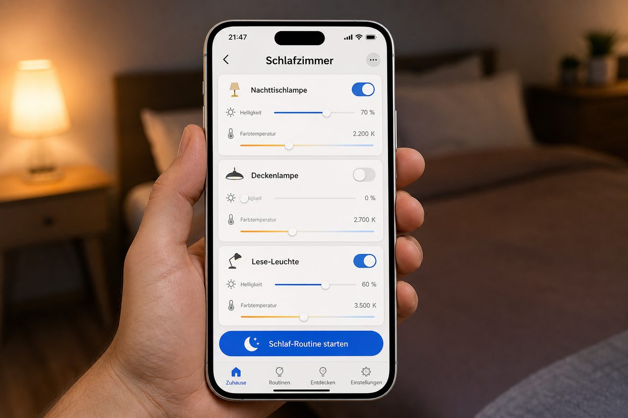 Philips Hue App auf dem Smartphone zeigt die Lichtsteuerung für das Schlafzimmer mit warmem Bernstein-Licht und Schlaf-Routine
