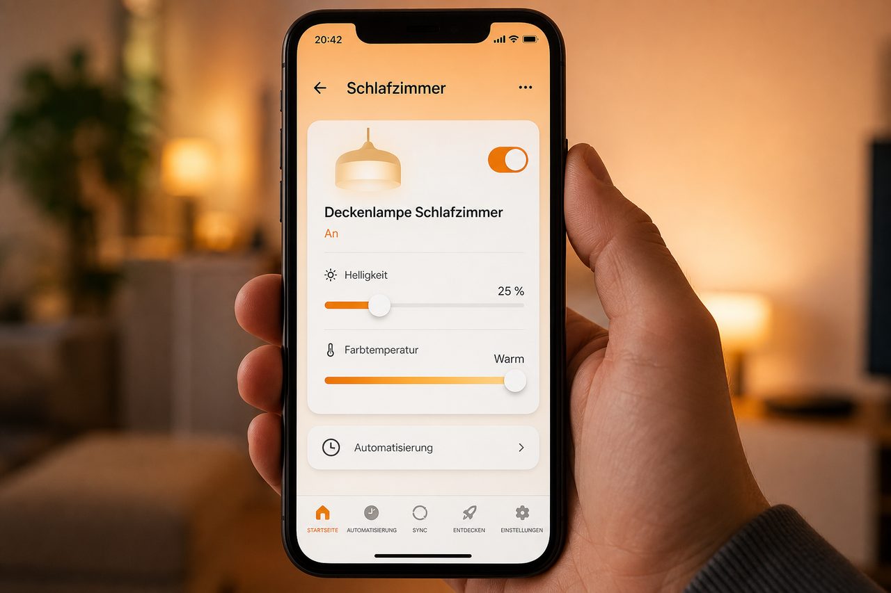 Philips Hue App auf dem Smartphone zeigt die Steuerung der Schlafzimmerlampe mit Helligkeit und Farbtemperatur-Reglern