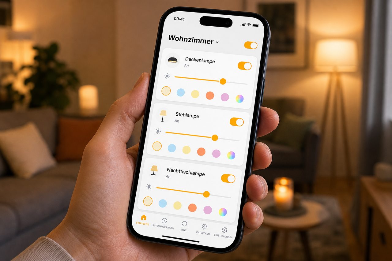 Philips Hue App auf dem Smartphone zeigt die Steuerung von drei smarten Lampen im Wohnzimmer