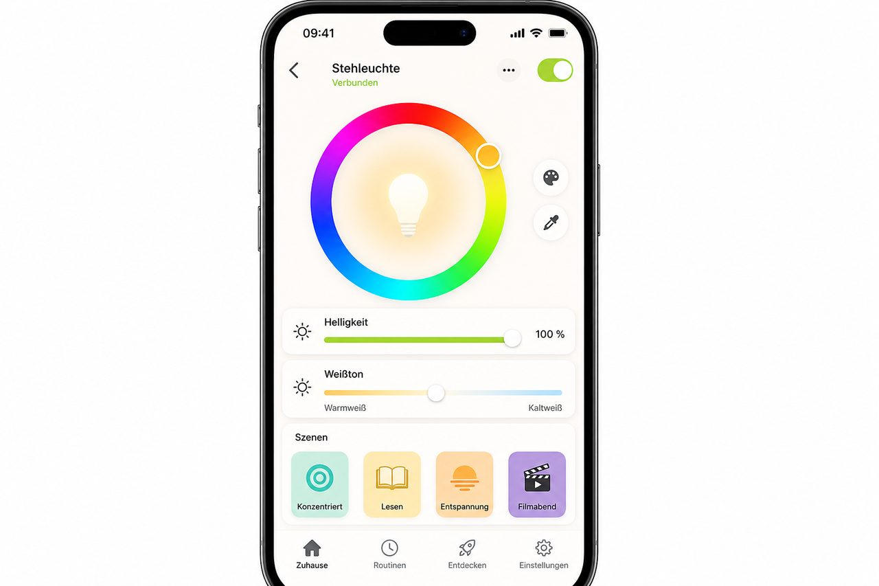 Philips Hue App Lampen-Details: Farbrad, Helligkeit und Szenen-Voreinstellungen auf Deutsch