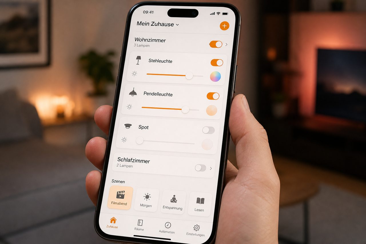 Philips Hue App Screenshot: Wohnzimmer mit Lampen-Reglern, Helligkeitssteuerung und Szenen auf Deutsch