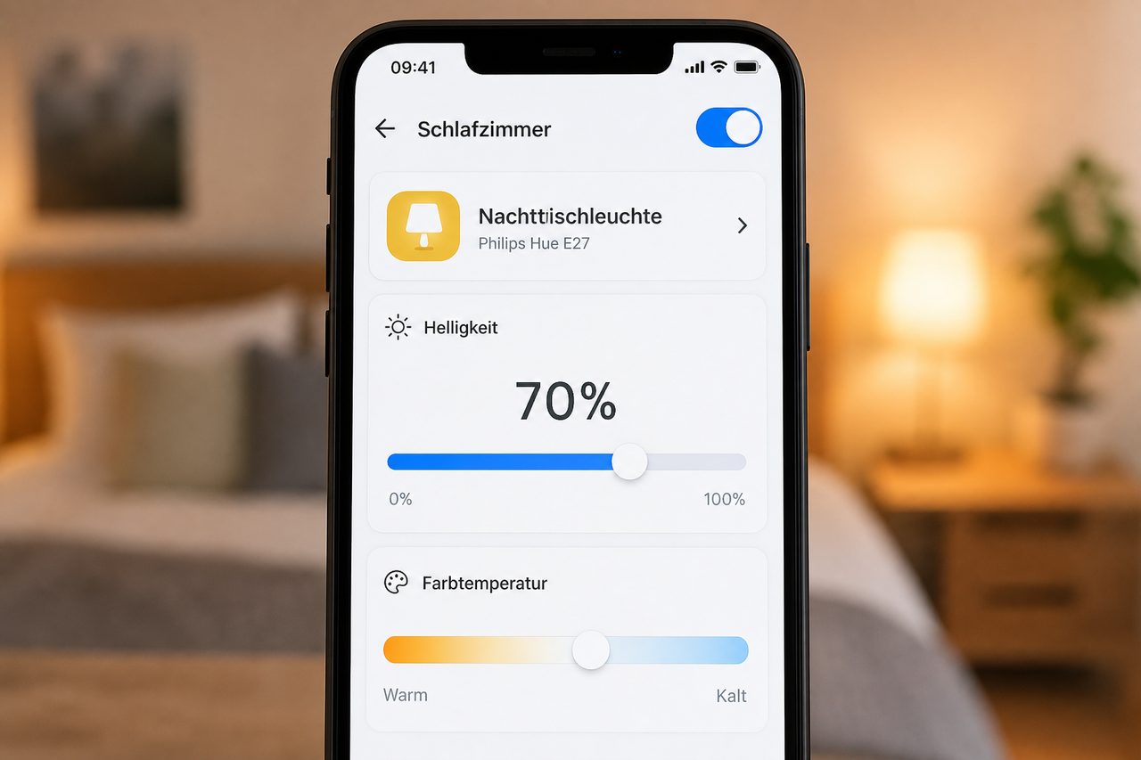 Philips-Hue-App zeigt die Steuerung der Nachttischleuchte mit Helligkeit und Farbtemperatur-Reglern