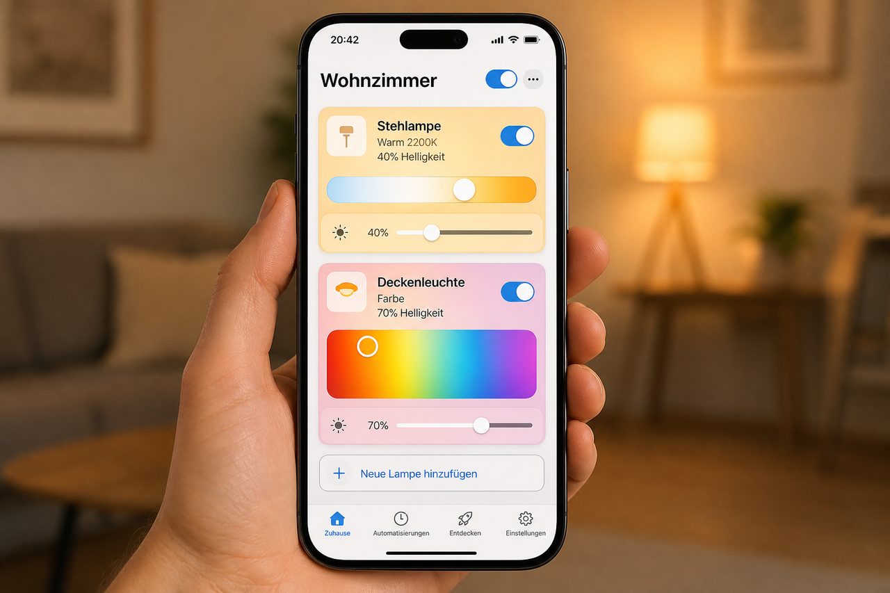 Philips Hue App zeigt Lampen-Steuerung mit warmweißer Farbtemperatur für die Abend-Routine