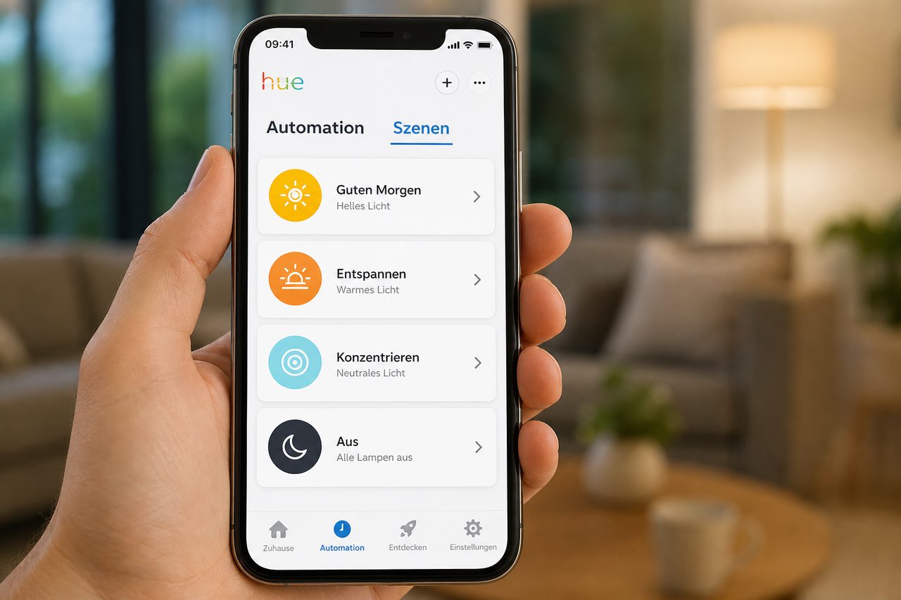 Philips Hue App zeigt vordefinierte Szenen für verschiedene Tageszeiten und Stimmungen