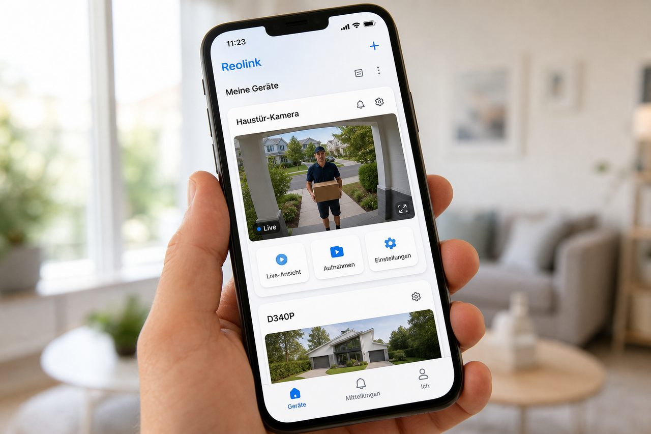 Reolink-App auf dem Smartphone zeigt Live-Ansicht der Haustür-Kamera mit Bedienoberfläche auf Deutsch