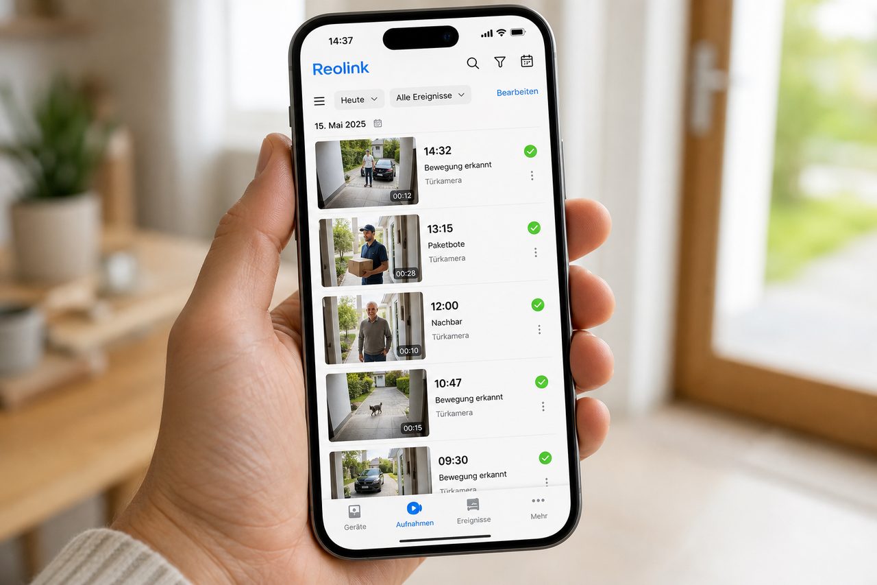 Reolink-App zeigt Aufnahmen und Bewegungsereignisse der Türklingel mit Zeitstempel und Vorschaubildern auf Deutsch