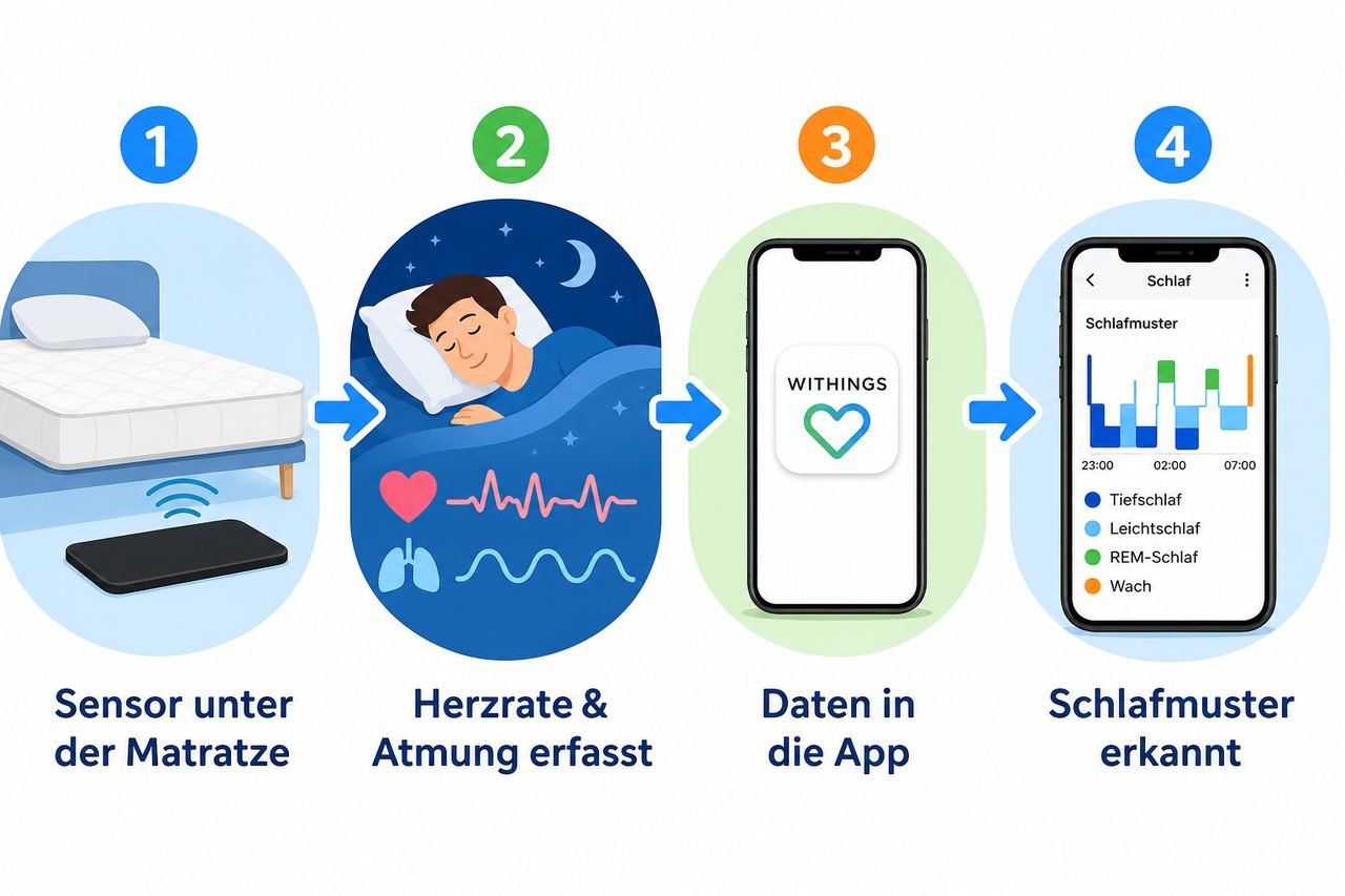 Schlaf-Tracker Prozess: Sensor erfasst Daten, überträgt sie in die App und zeigt Schlafmuster