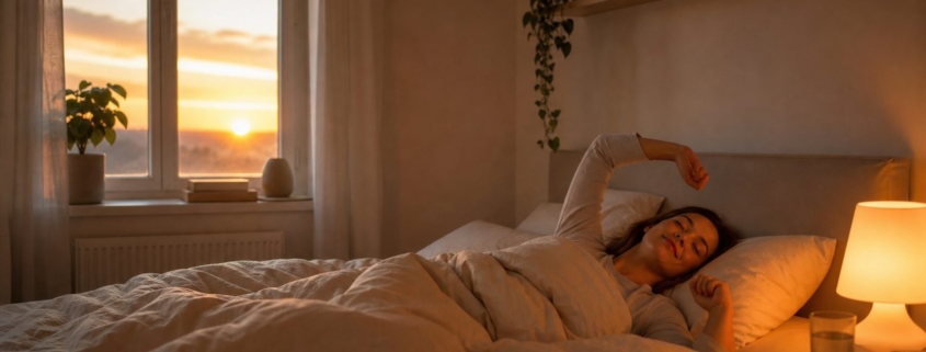 Sanft aufwachen mit Lichtwecker: So geht's – Schlafzimmer mit sanftem Lichtwecker: Person wacht auf, während eine smarte Lampe einen warmen Sonnenaufgang simuliert