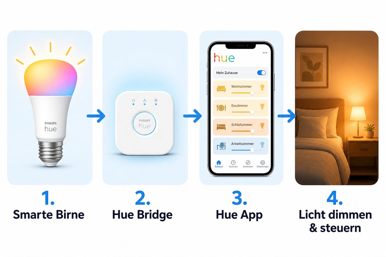 Schritt-für-Schritt-Diagramm: Hue Birne + Bridge + App = gedimmtes Schlafzimmerlicht steuern